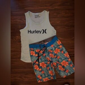 Hurley Mint Tank Top and Floral Orange Board Shorts